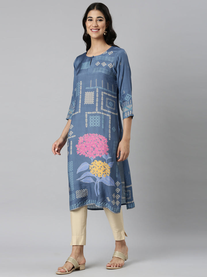 Neerus Blue Casual Quirky Straight Kurtas