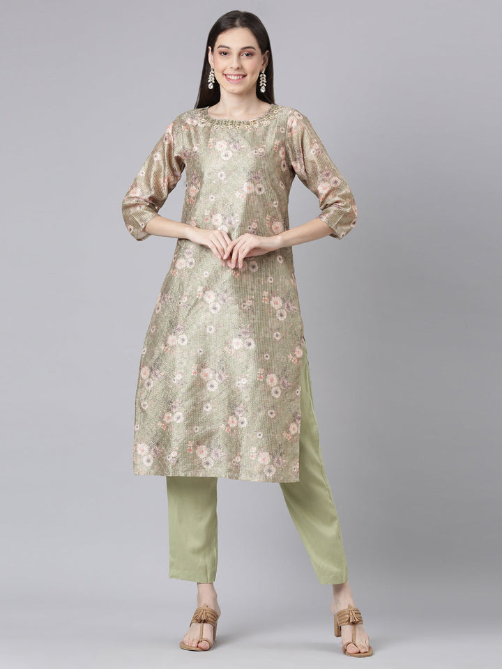 Neerus Green Printed Straight Kurta and Trousers