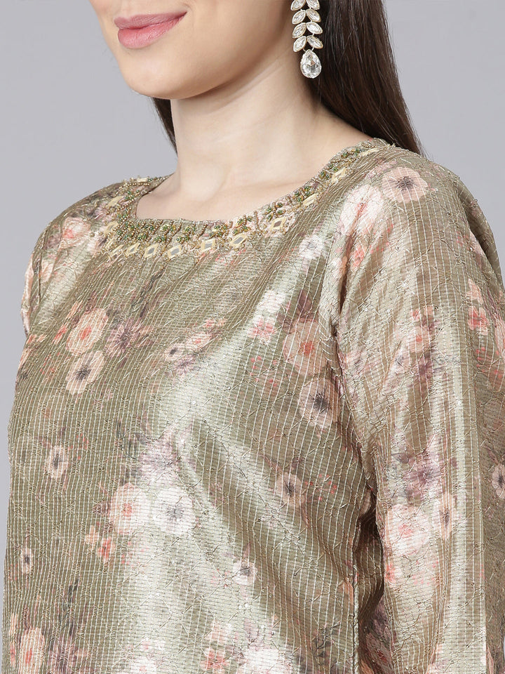 Neerus Green Printed Straight Kurta and Trousers