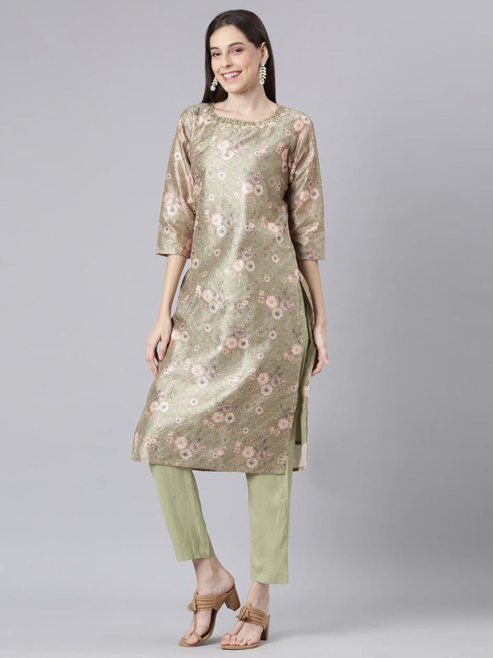 Neerus Green Printed Straight Kurta and Trousers