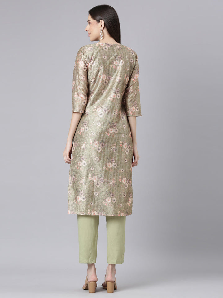Neerus Green Printed Straight Kurta and Trousers