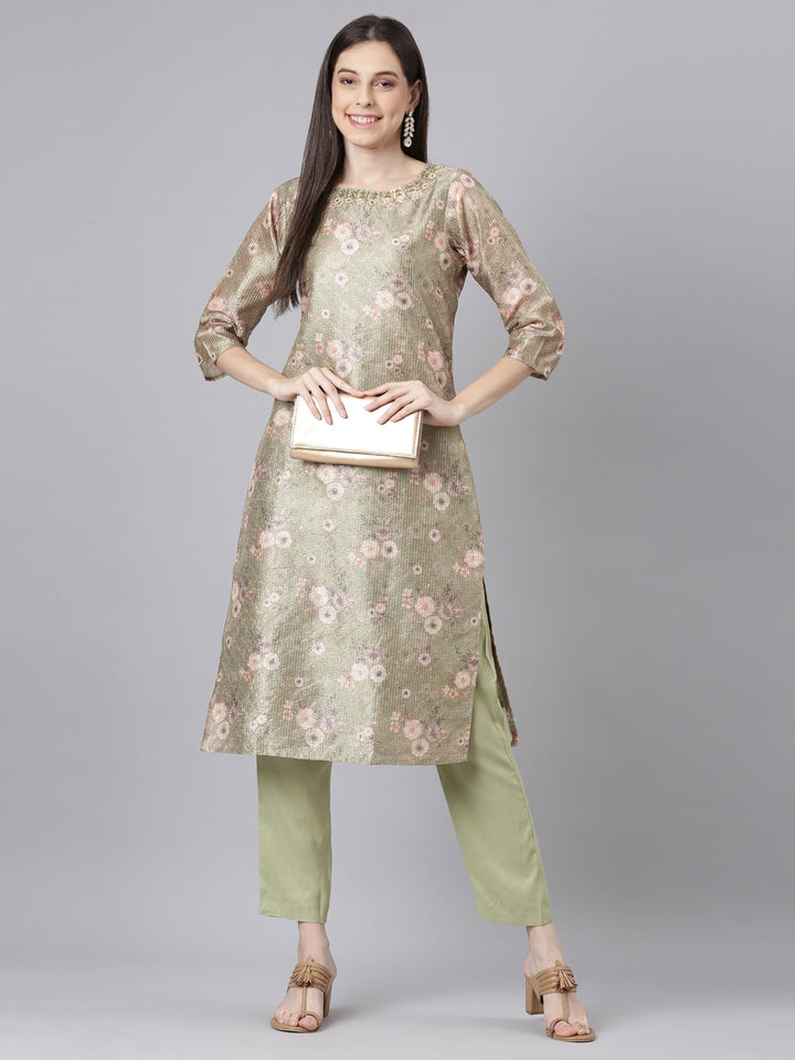 Neerus Green Printed Straight Kurta and Trousers
