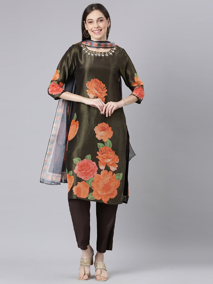 Neerus Olive Printed Straight Kurta and Trousers With Dupatta