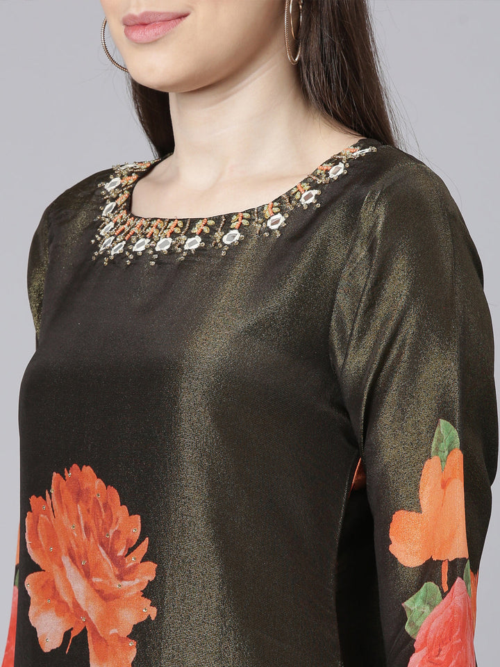 Neerus Olive Printed Straight Kurta and Trousers With Dupatta