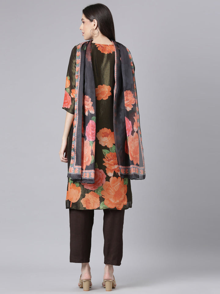 Neerus Olive Printed Straight Kurta and Trousers With Dupatta