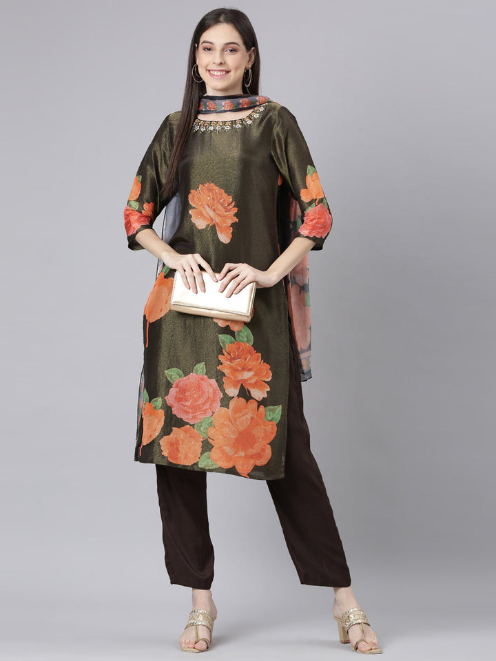 Neerus Olive Printed Straight Kurta and Trousers With Dupatta