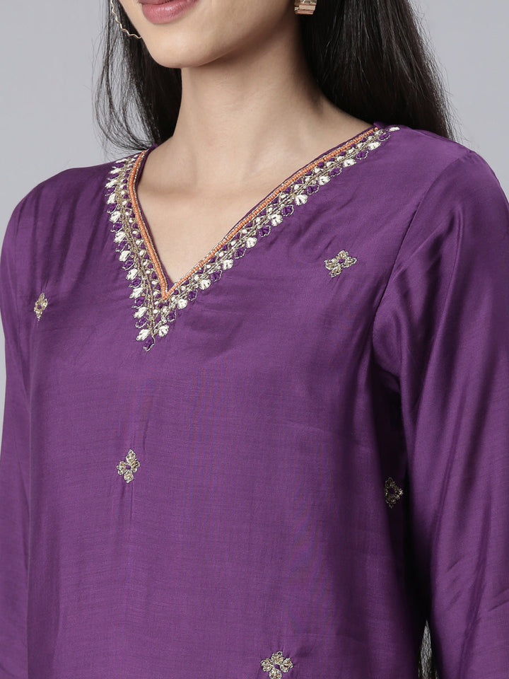 Neerus Purple Solid Straight Kurta and Trousers With Dupatta