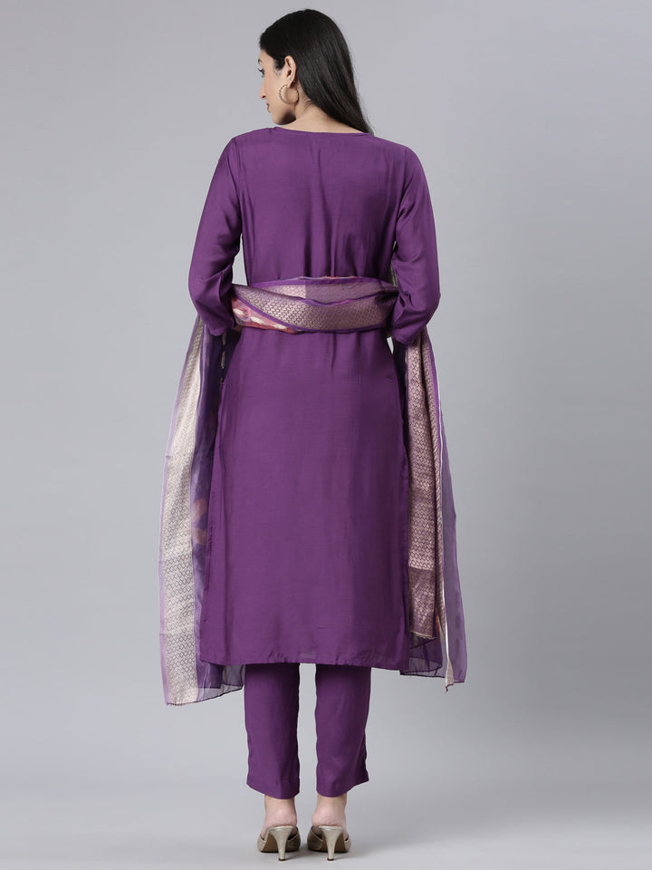 Neerus Purple Solid Straight Kurta and Trousers With Dupatta