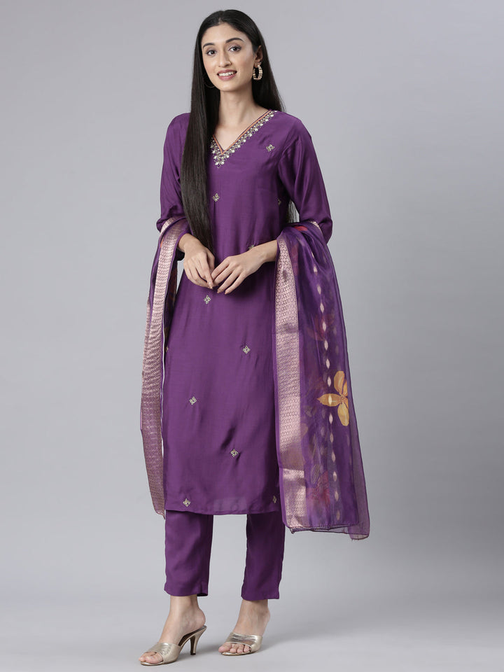 Neerus Purple Solid Straight Kurta and Trousers With Dupatta