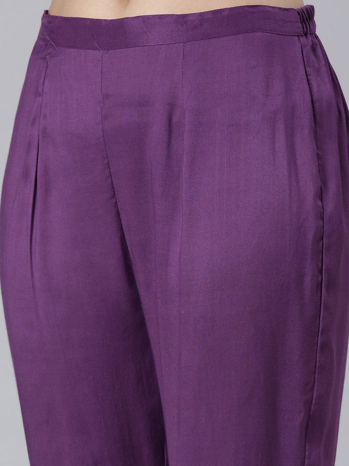 Neerus Purple Solid Straight Kurta and Trousers With Dupatta