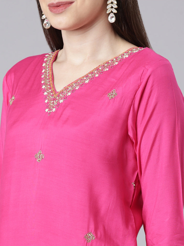 Neerus Pink Solid Straight Kurta and Trousers With Dupatta
