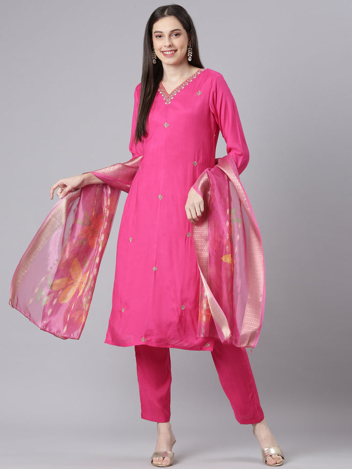 Neerus Pink Solid Straight Kurta and Trousers With Dupatta