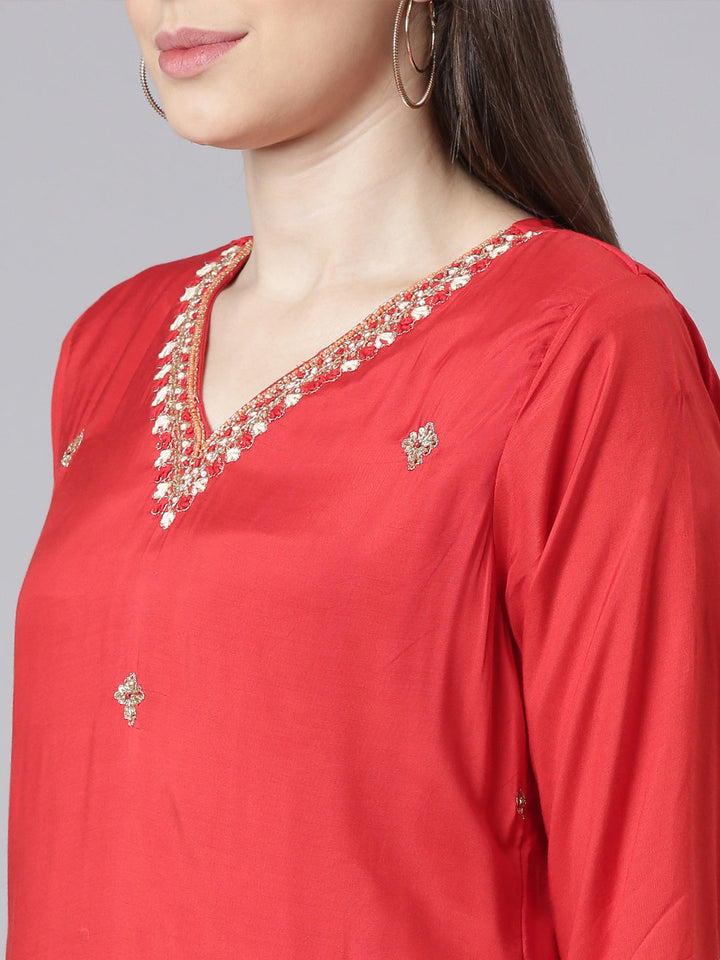 Neerus Red Solid Straight Kurta and Trousers With Dupatta