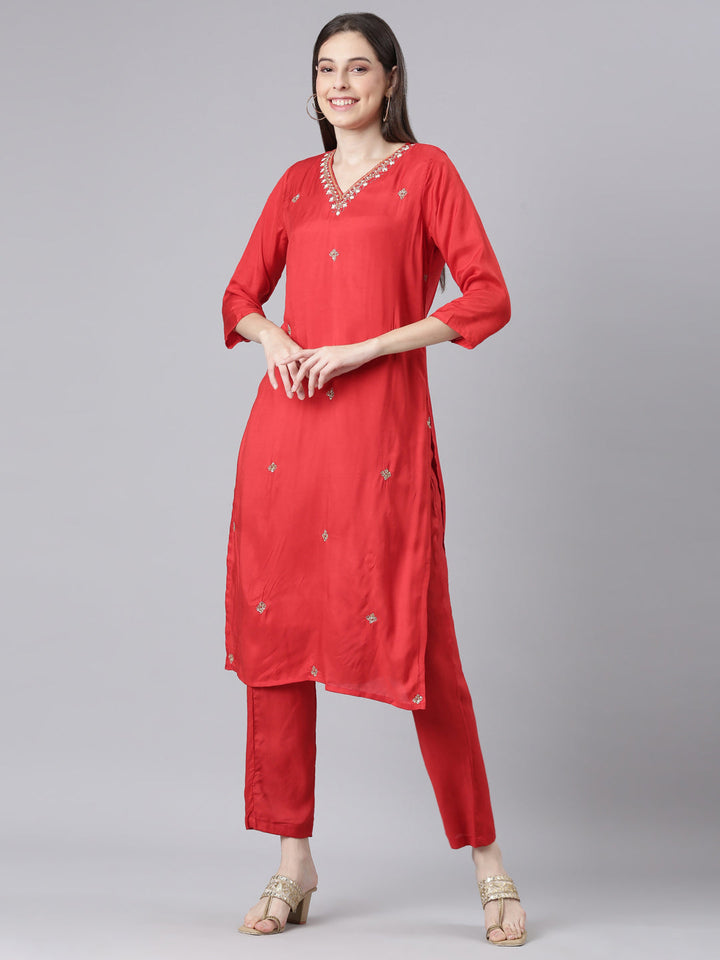 Neerus Red Solid Straight Kurta and Trousers With Dupatta
