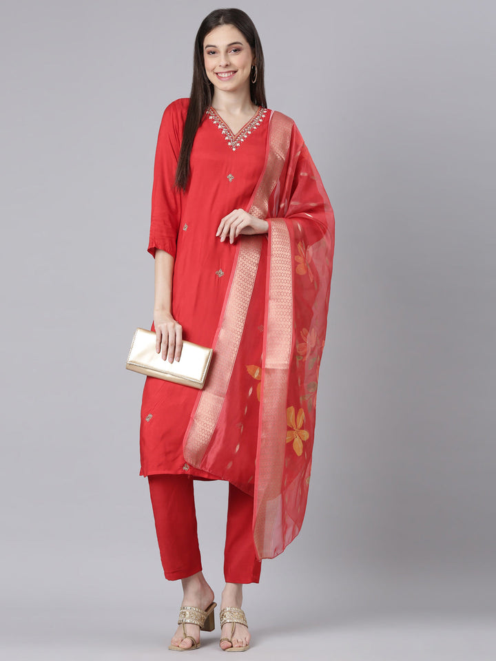 Neerus Red Solid Straight Kurta and Trousers With Dupatta