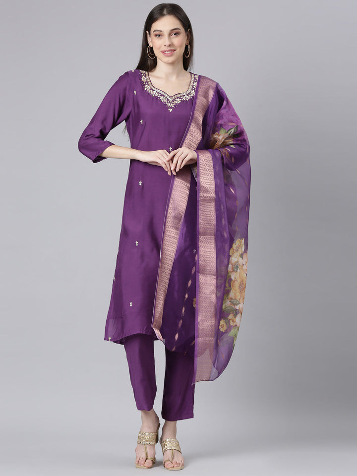 Neerus Purple Solid Straight Kurta and Trousers With Dupatta
