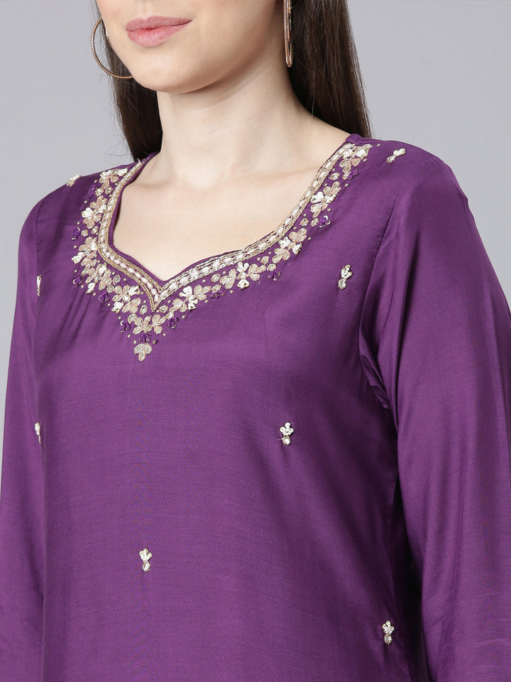 Neerus Purple Solid Straight Kurta and Trousers With Dupatta