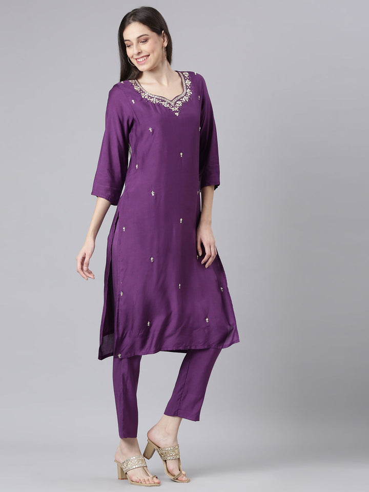 Neerus Purple Solid Straight Kurta and Trousers With Dupatta