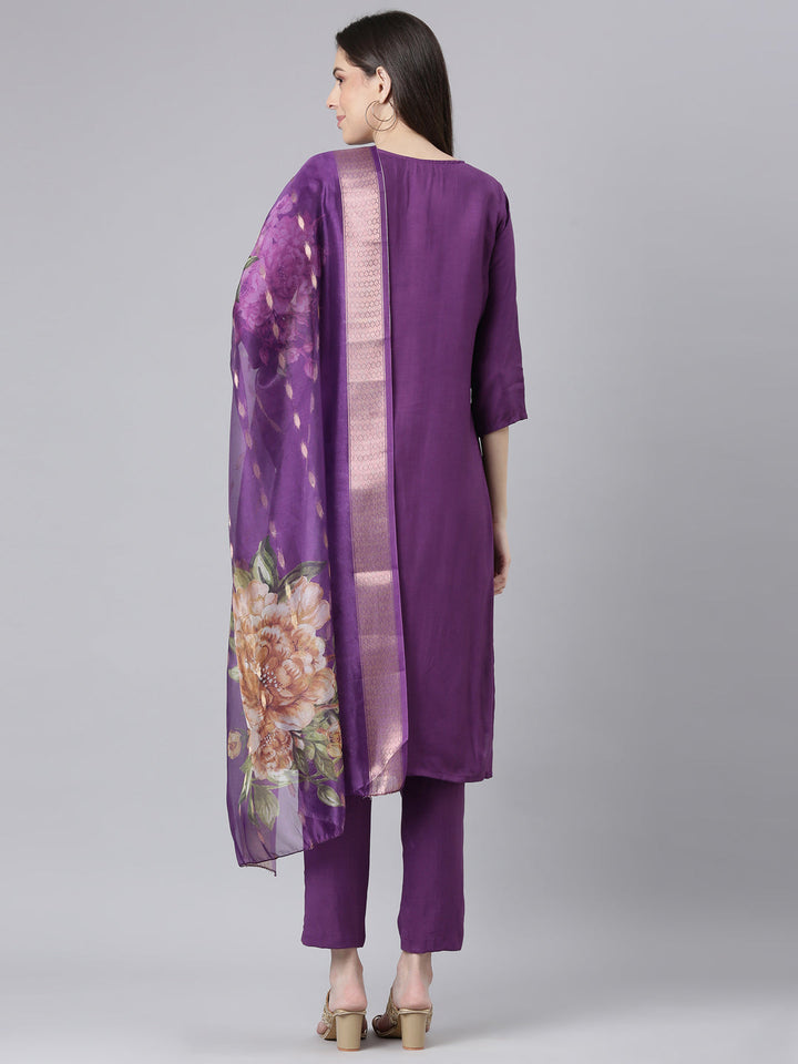 Neerus Purple Solid Straight Kurta and Trousers With Dupatta
