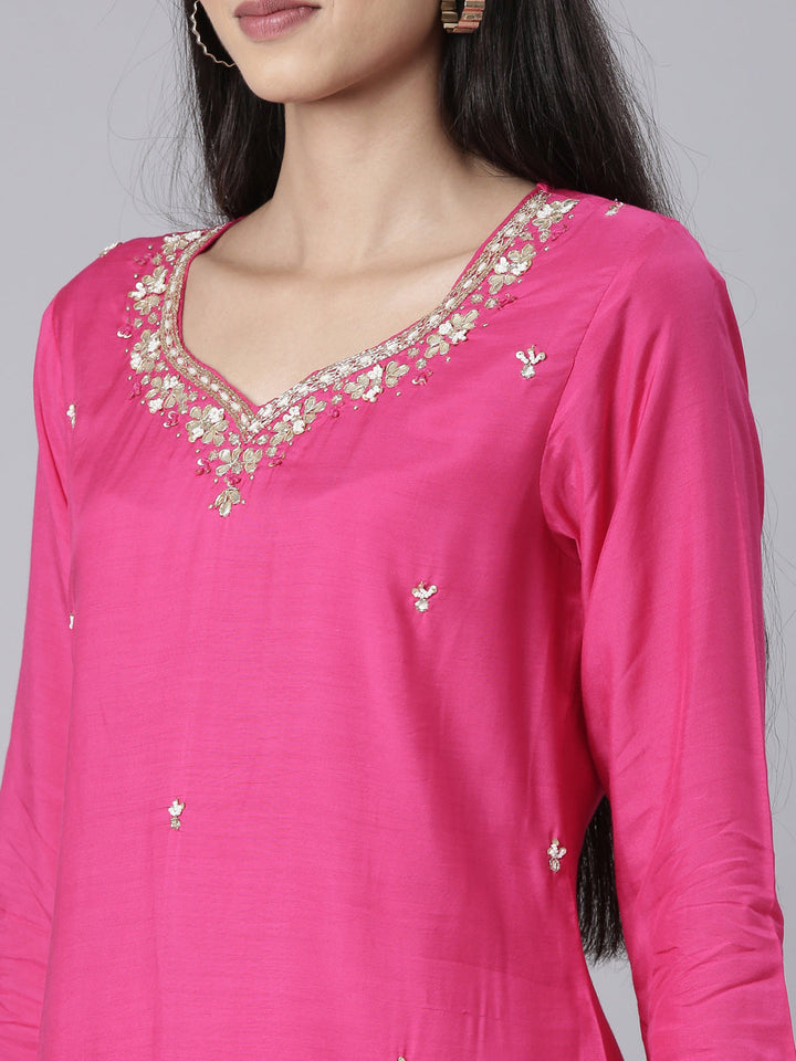 Neerus Pink Solid Straight Kurta and Trousers With Dupatta