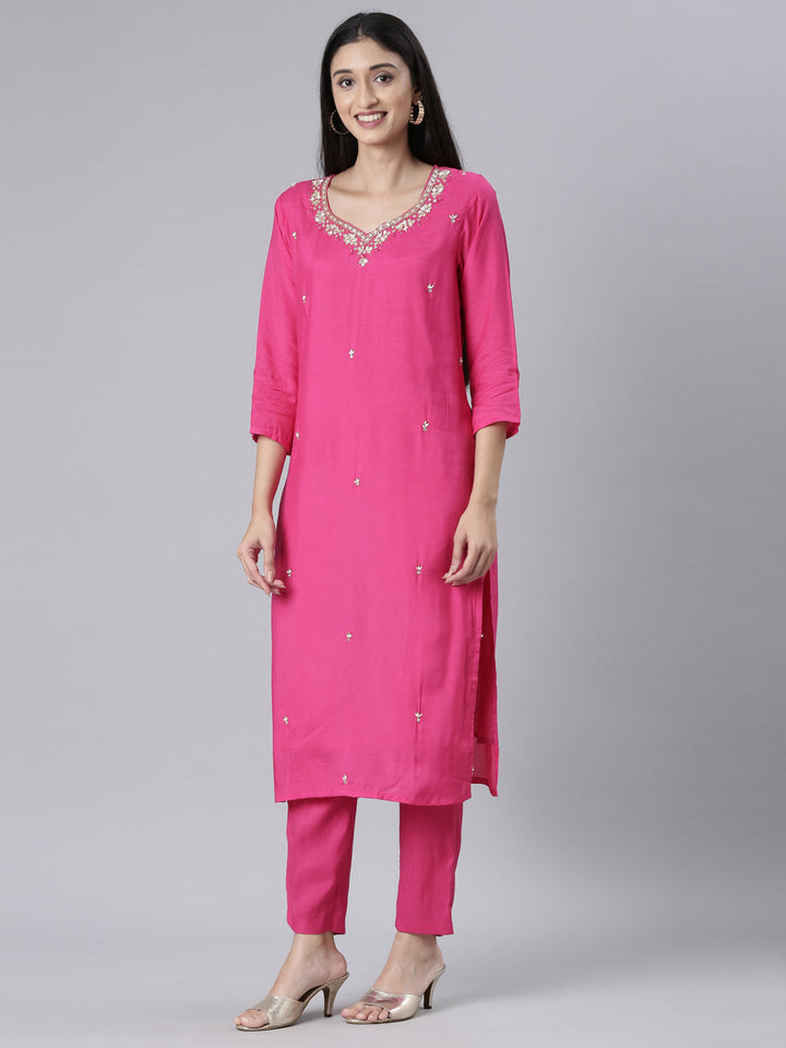 Neerus Pink Solid Straight Kurta and Trousers With Dupatta
