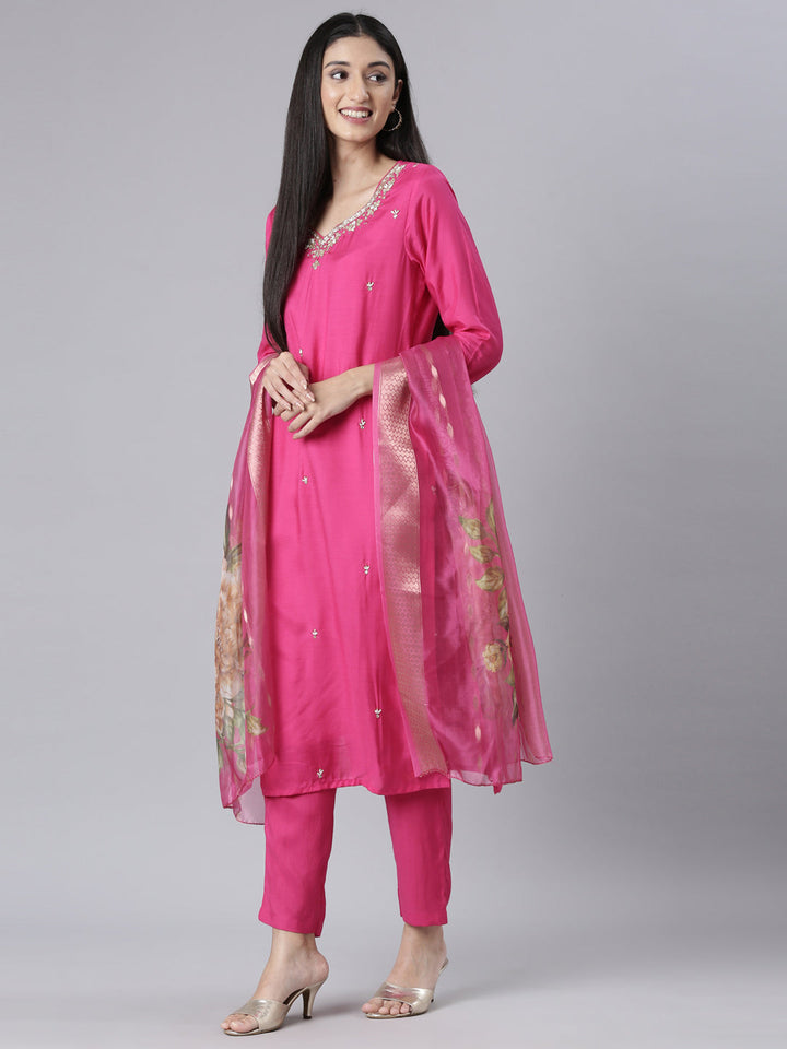 Neerus Pink Solid Straight Kurta and Trousers With Dupatta