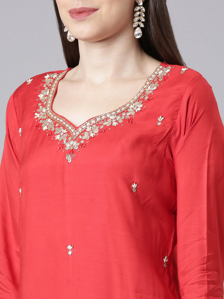 Neerus Red Solid Straight Kurta and Trousers With Dupatta