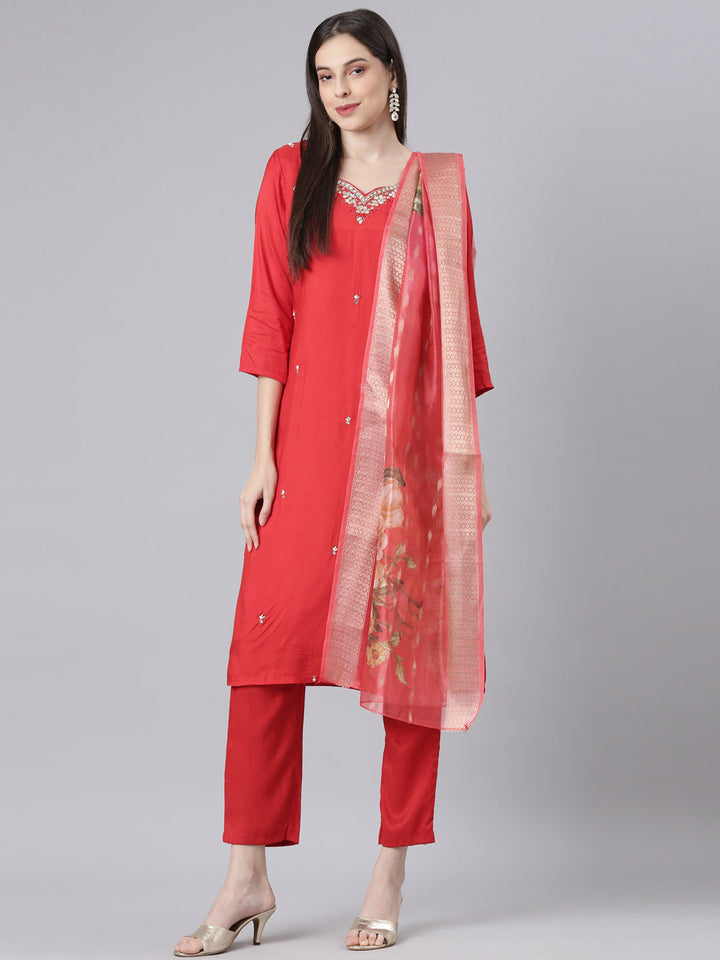 Neerus Red Solid Straight Kurta and Trousers With Dupatta
