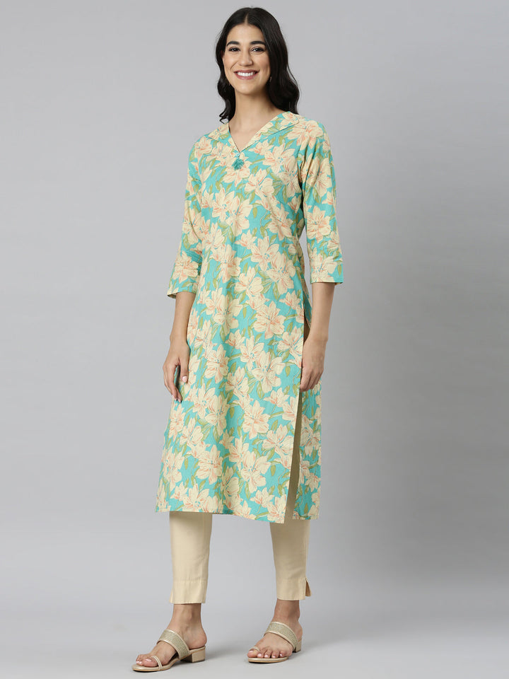 Neerus Blue Casual Floral Straight Kurtas
