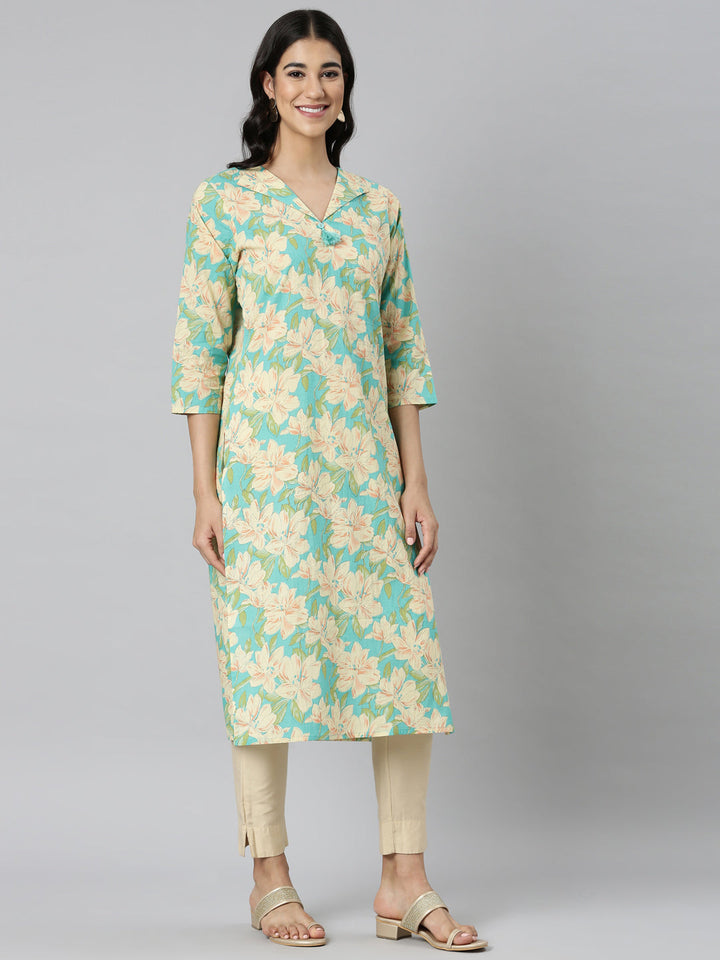 Neerus Blue Casual Floral Straight Kurtas