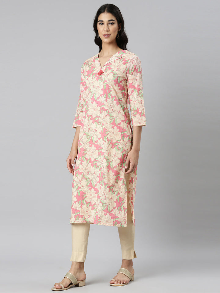 Neerus Pink Casual Floral Straight Kurtas