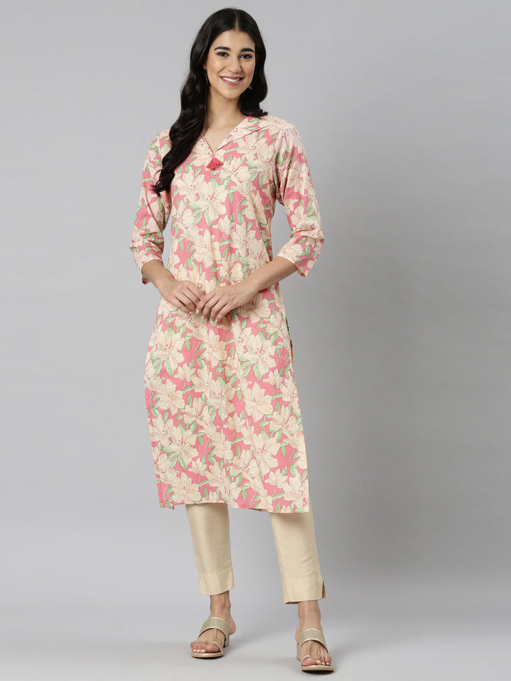 Neerus Pink Casual Floral Straight Kurtas