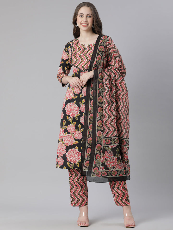 Neerus Black Printed Straight Kurta and Trousers With Dupatta