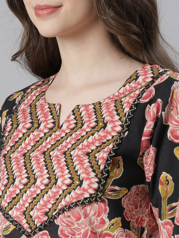 Neerus Black Printed Straight Kurta and Trousers With Dupatta