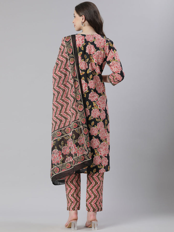 Neerus Black Printed Straight Kurta and Trousers With Dupatta