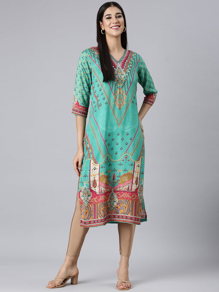 Neerus Green Casual Paisley Straight Kurtas