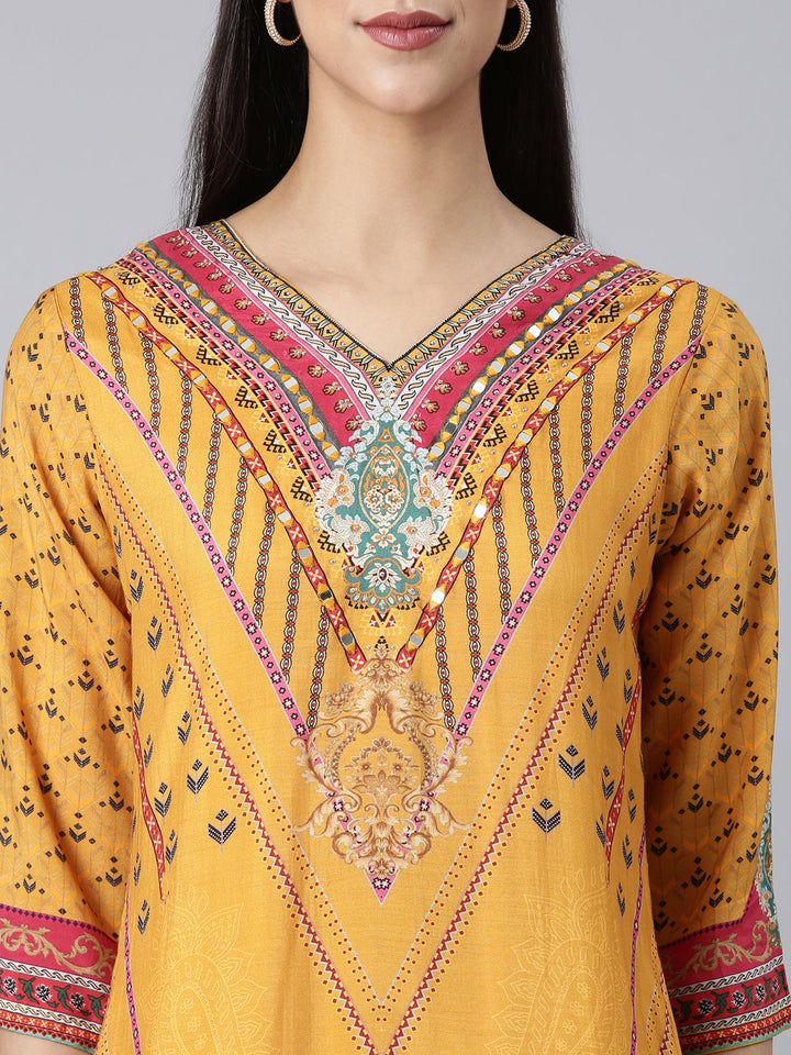 Neerus Mustard Casual Paisley Straight Kurtas