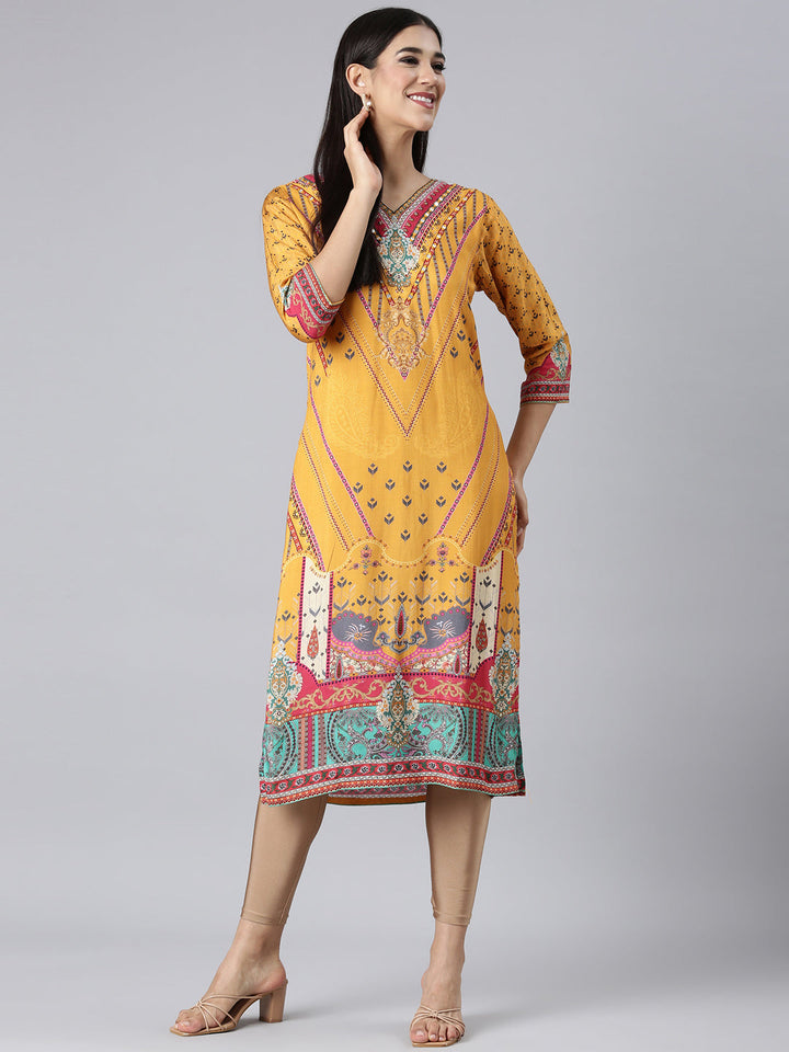 Neerus Mustard Casual Paisley Straight Kurtas