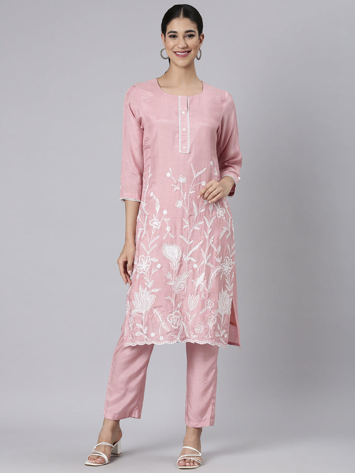 Neerus Pink Casual Solid Straight Kurta and Trousers