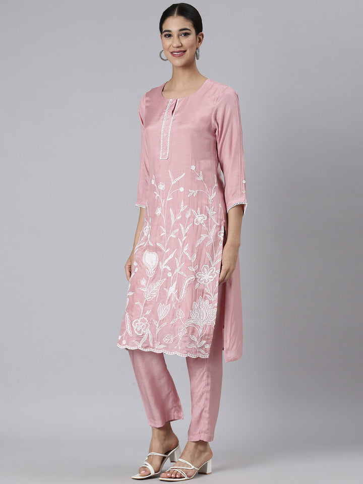 Neerus Pink Casual Solid Straight Kurta and Trousers