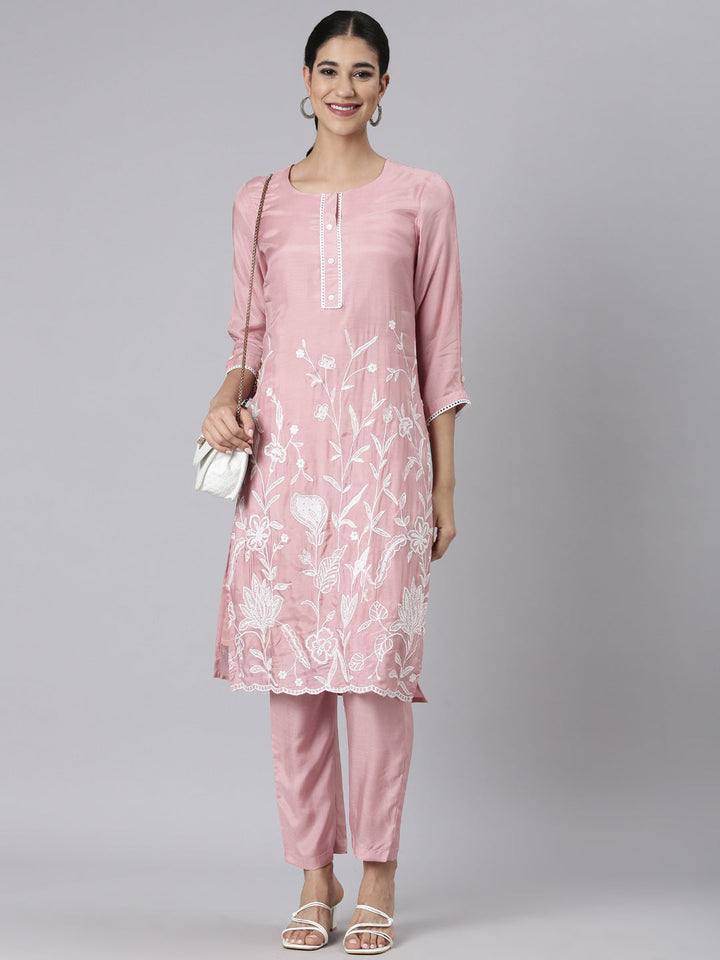 Neerus Pink Casual Solid Straight Kurta and Trousers