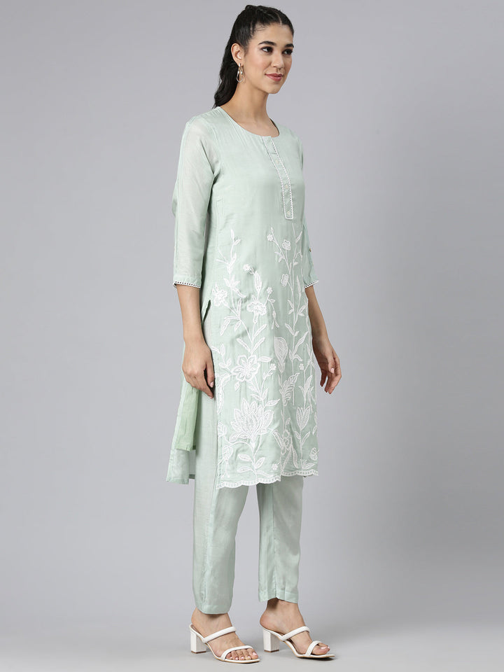 Neerus Green Casual Solid Straight Kurta and Trousers
