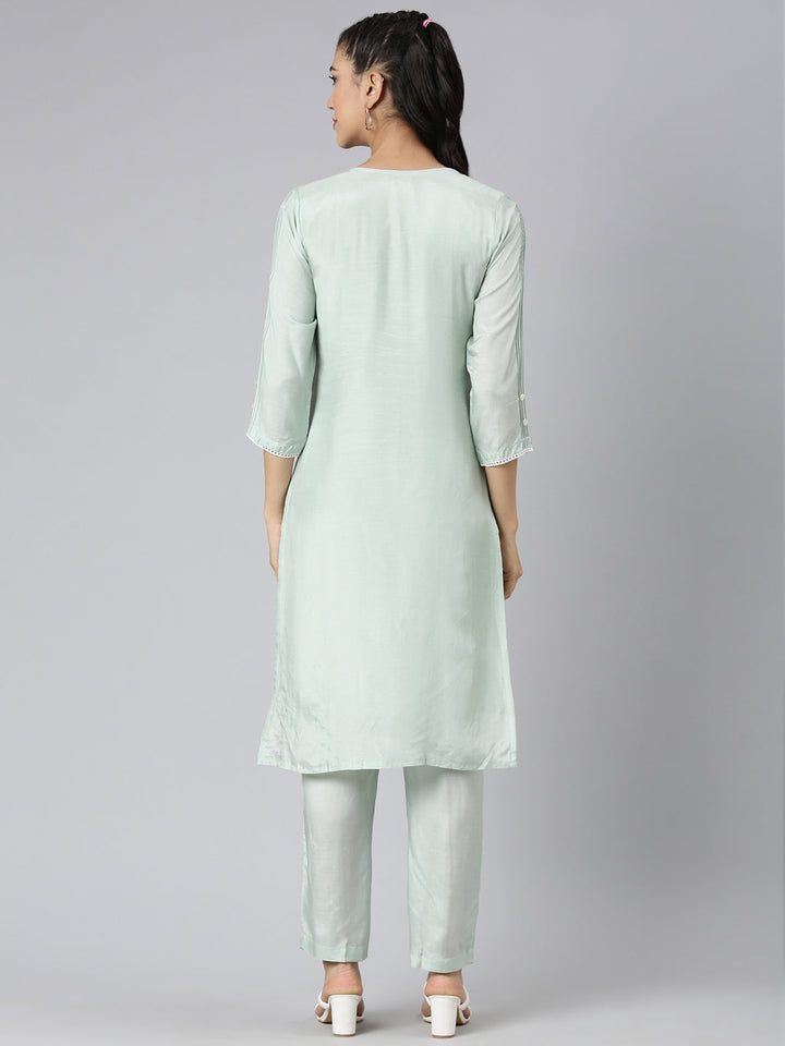 Neerus Green Casual Solid Straight Kurta and Trousers
