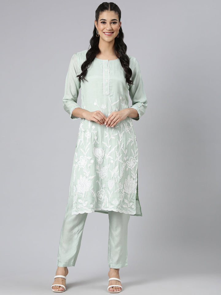 Neerus Green Casual Solid Straight Kurta and Trousers