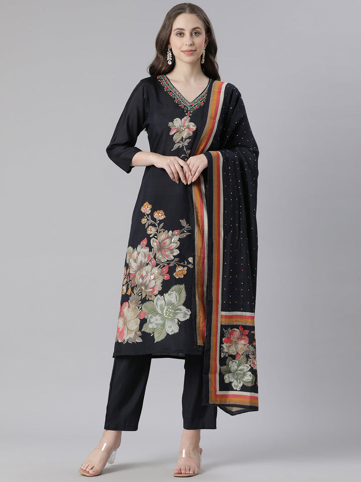 Neerus Black Printed Straight Kurta and Trousers With Dupatta
