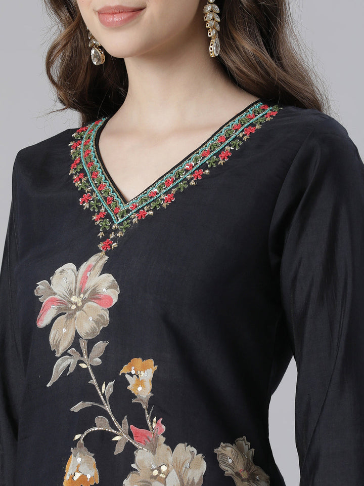Neerus Black Printed Straight Kurta and Trousers With Dupatta