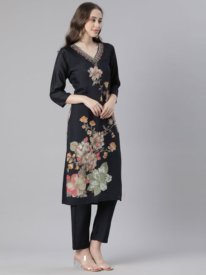 Neerus Black Printed Straight Kurta and Trousers With Dupatta