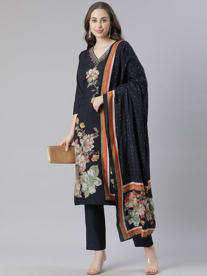 Neerus Black Printed Straight Kurta and Trousers With Dupatta
