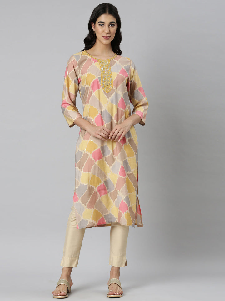 Neerus Yellow Casual Colourblocked Straight Kurtas