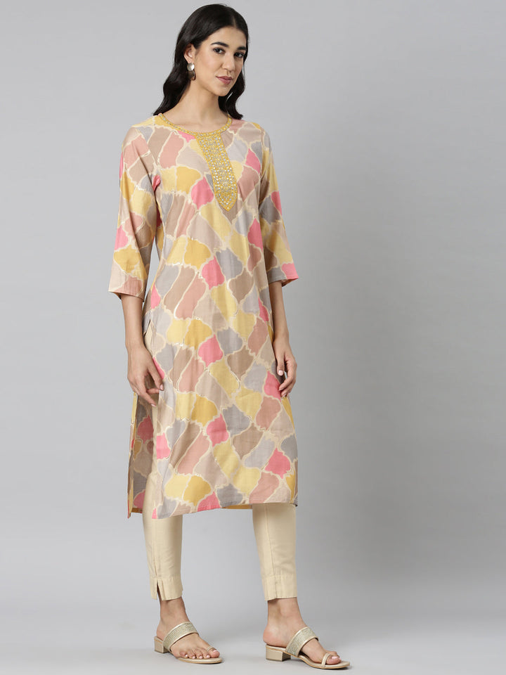 Neerus Yellow Casual Colourblocked Straight Kurtas